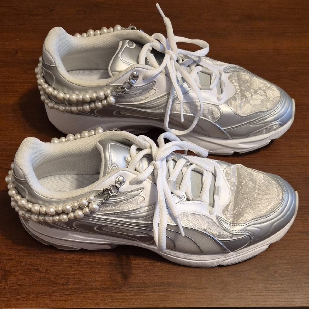 Puma Silver and White Sneakers with Detachable Pearl Detail And Lace Accents